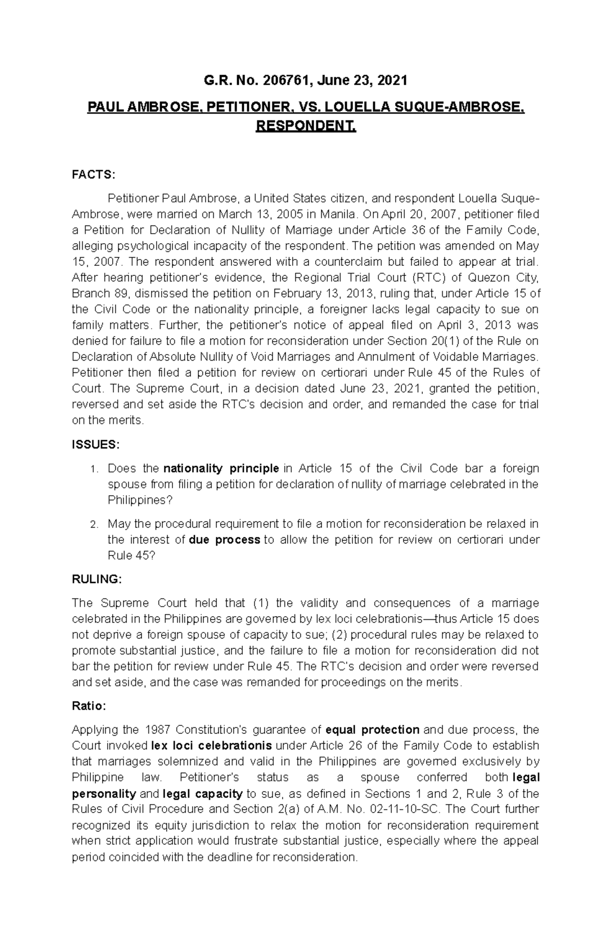 G.R. No. 206761: Case Digest on Nullity of Marriage Ruling - Studocu