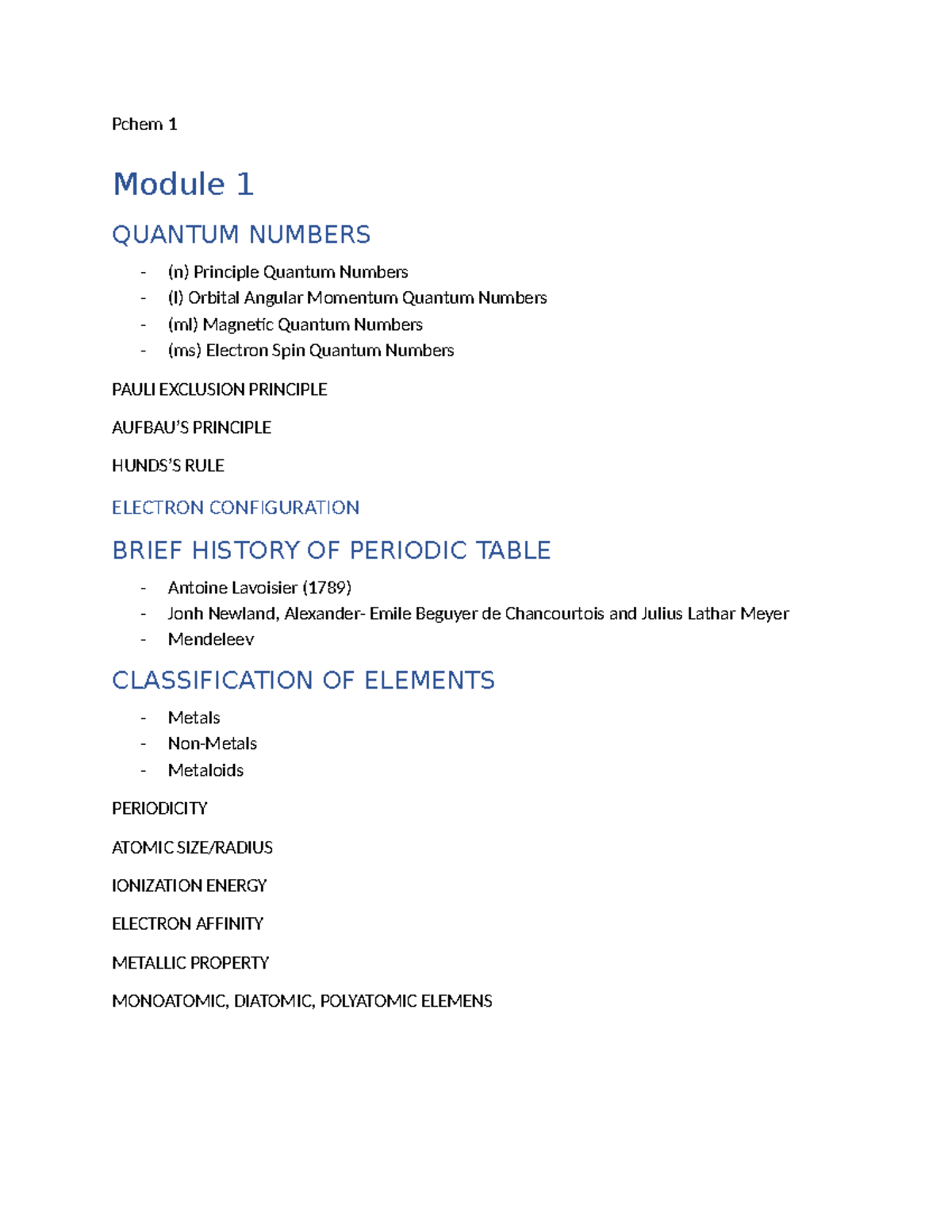 Pchem 1 Outines - Pchem 1 Module 1 QUANTUM NUMBERS - (n) Principle ...