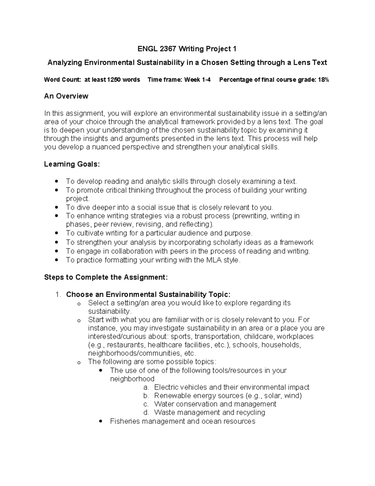 ENGL 2367 Writing Project 1: Analyzing Environmental Sustainability ...