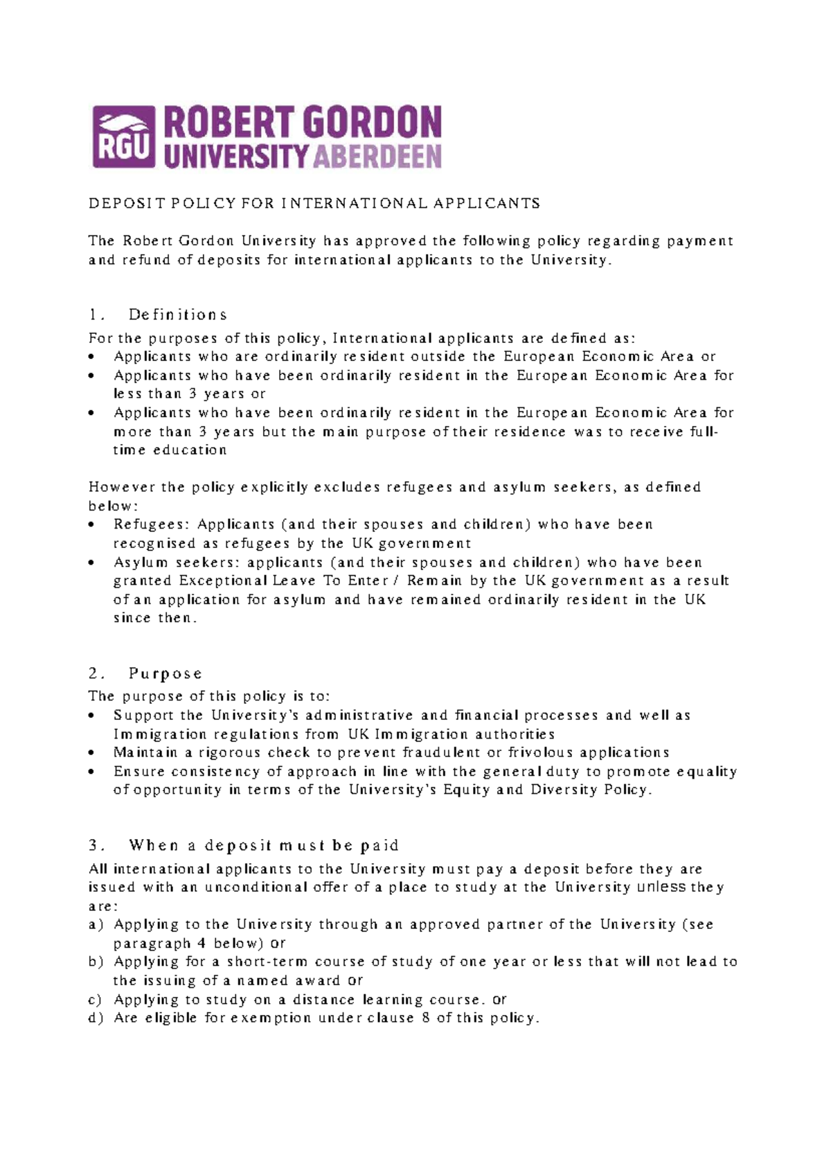 Deposit Policy for International Applicants at RGU - Studocu
