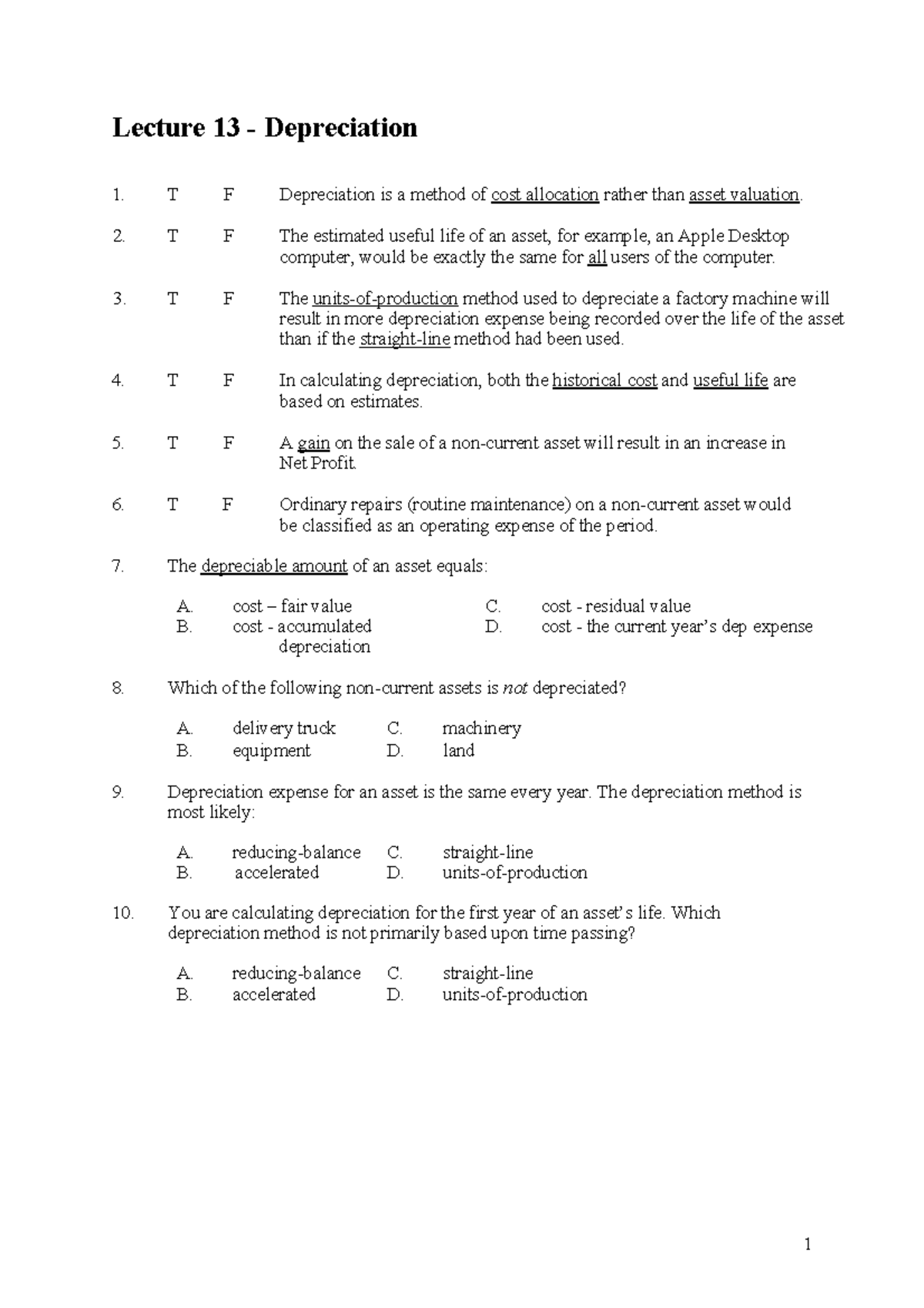 Lecture 13 - Depreciation: Final Exam Questions and Answers - Studocu