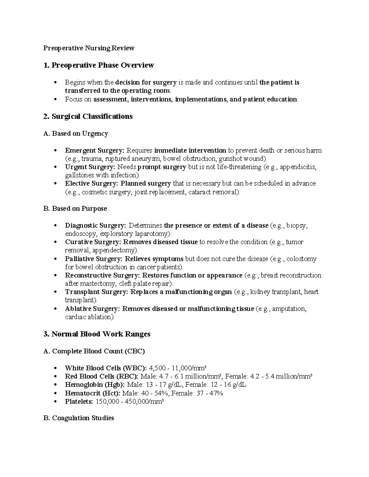 Surgical Classifications and Normal Blood Work Ranges for Preop Nursing ...