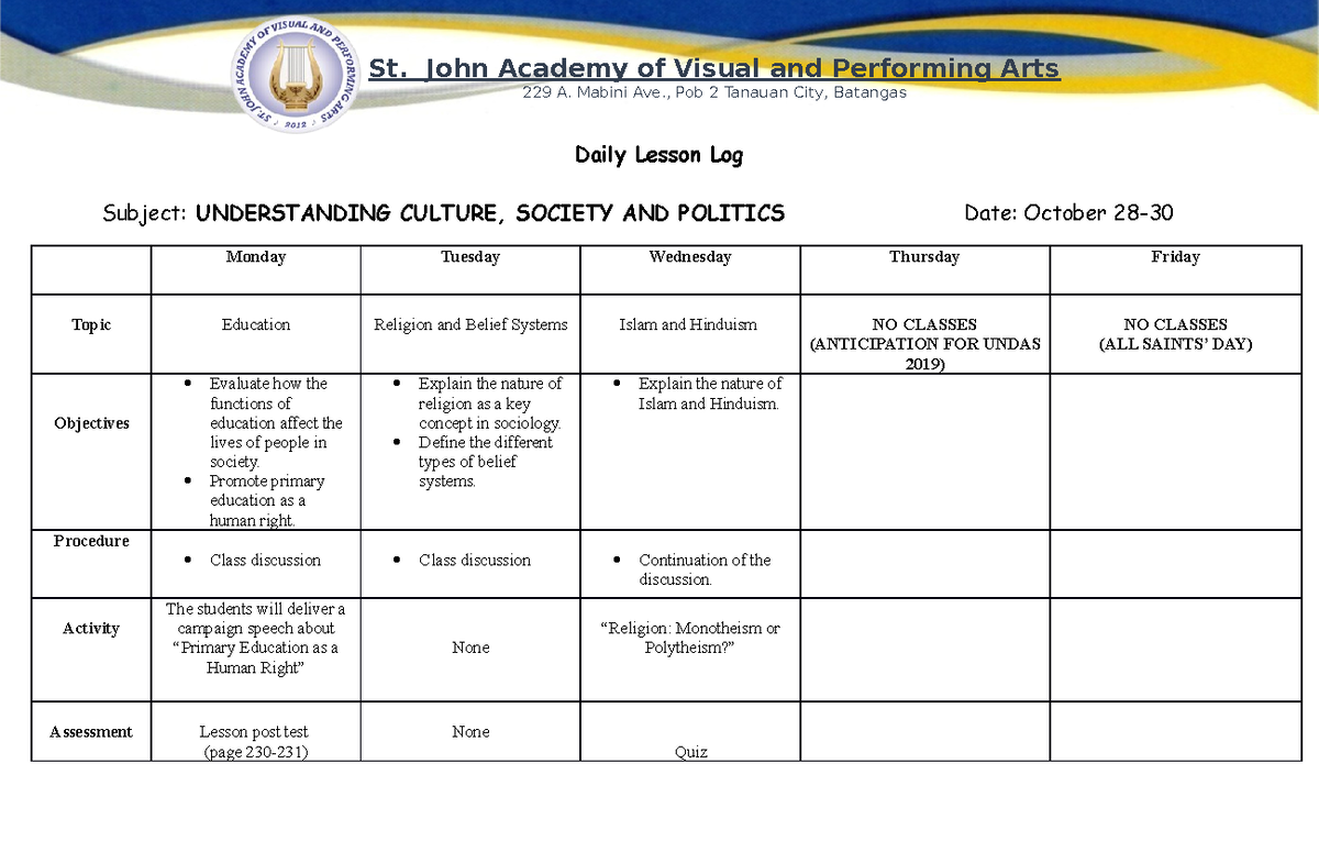 UCSP DLL - Sadiwa - Daily Lesson Log Subject: UNDERSTANDING CULTURE ...