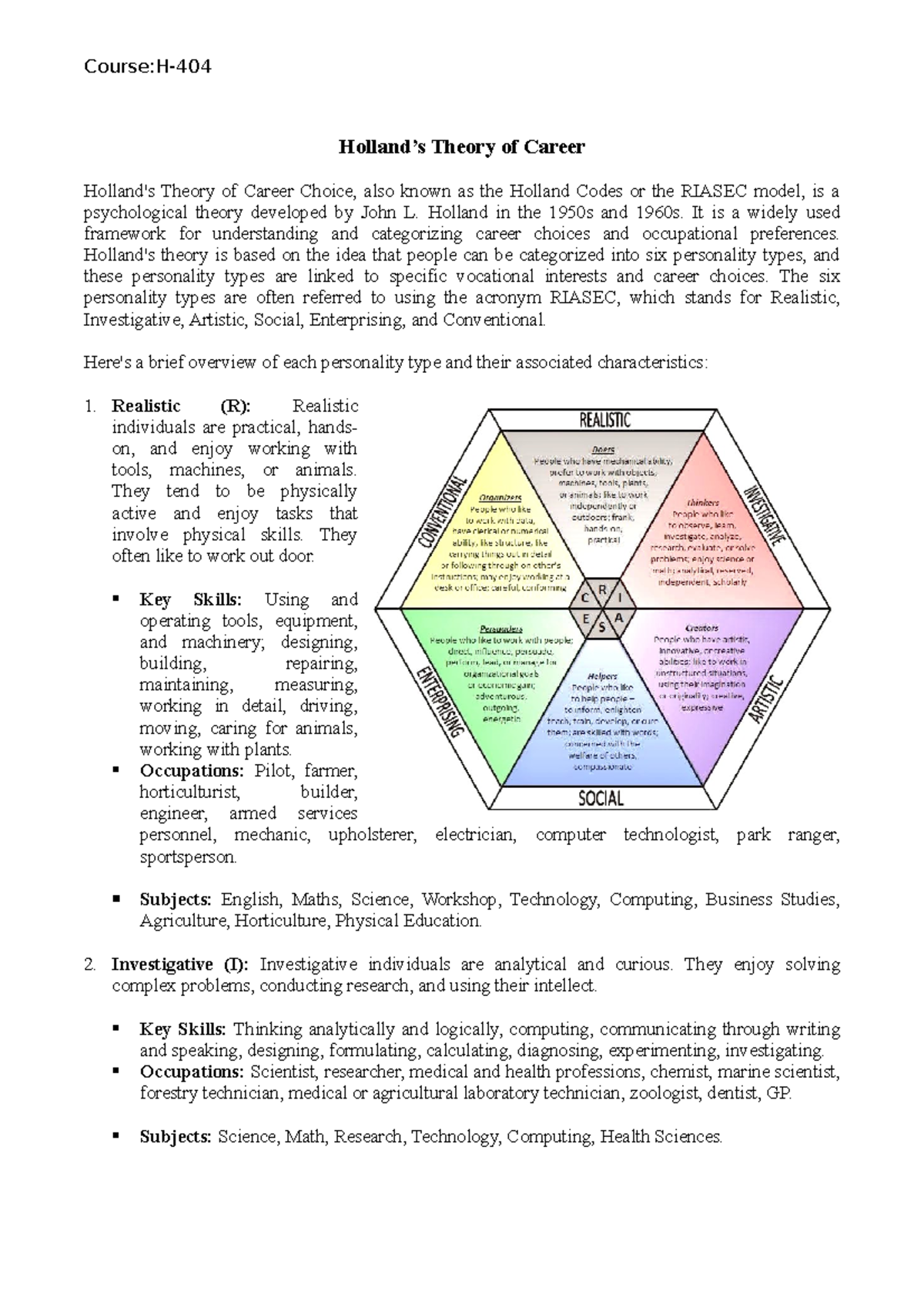 H- Career Choices: Understanding Holland's RIASEC Theory - Studocu