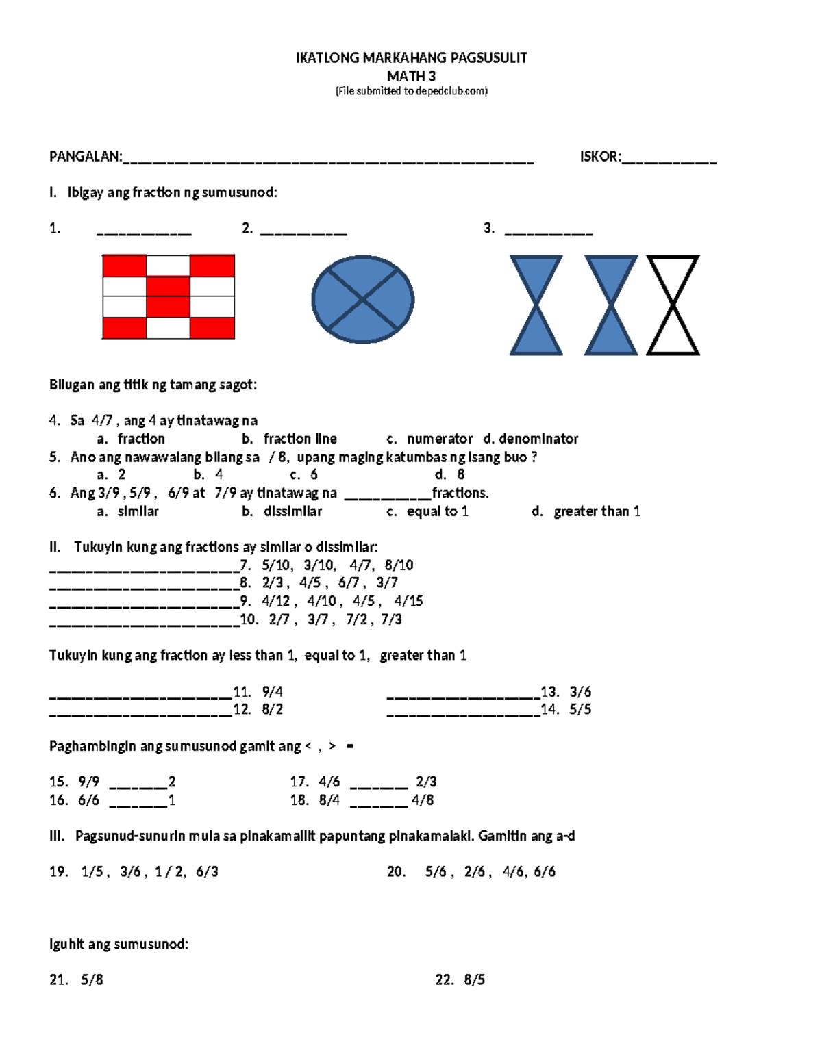 PT Math 3 Q3: Exam Review for Fractions & Lines Understanding - Studocu
