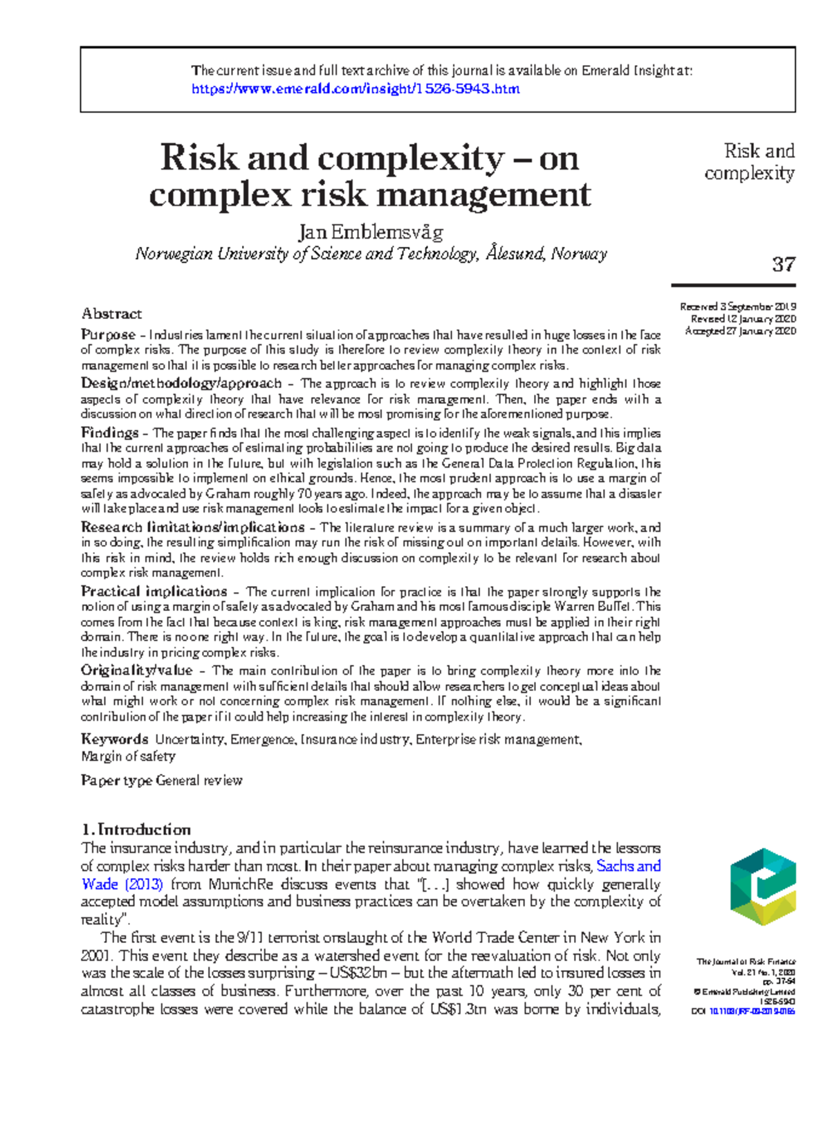 Complex Risk Management: Insights from Complexity Theory - Studocu