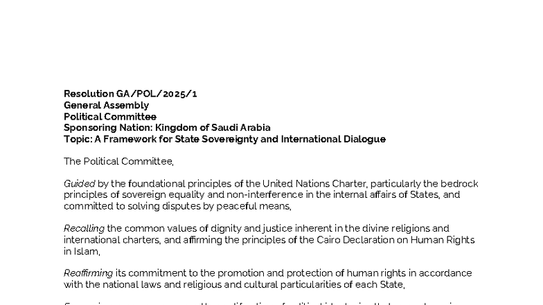 GA Political Committee Resolution: Sovereignty & Dialogue Framework ...