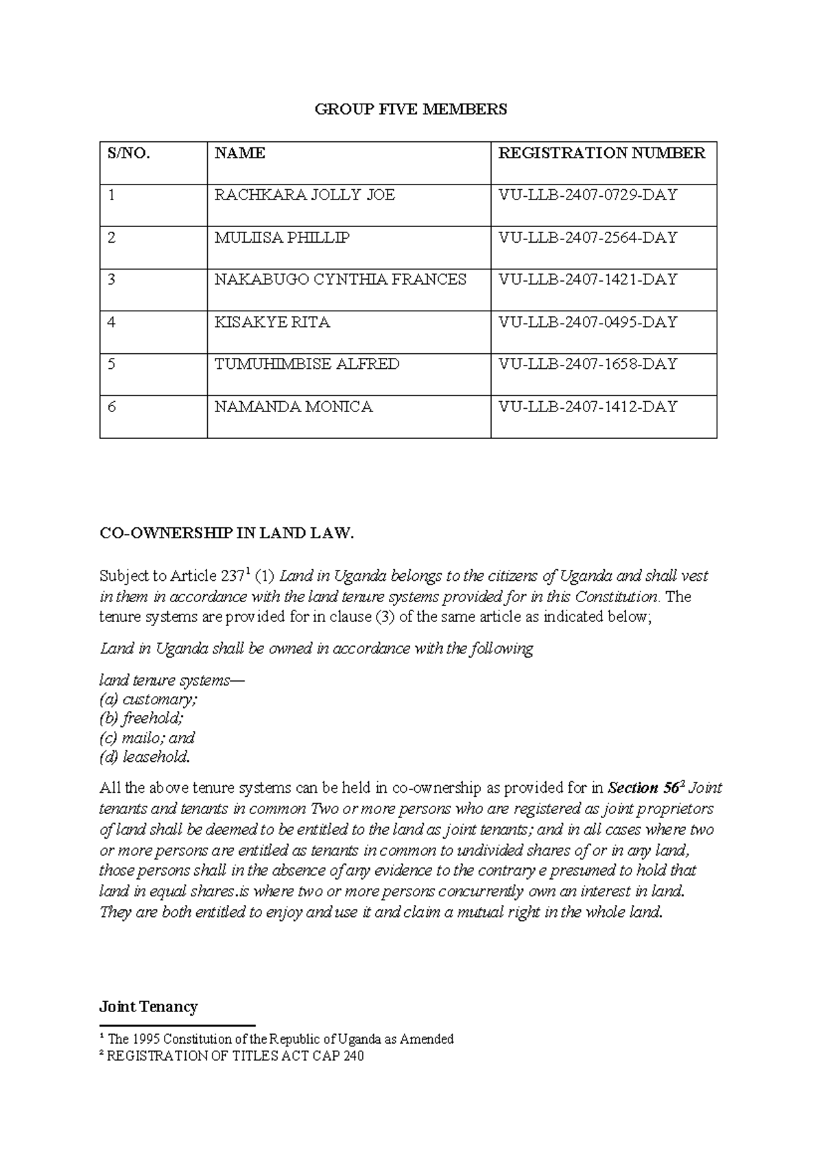 Joint Tenancy & Tenants in Common: Land Law Overview (LL 101) - Studocu