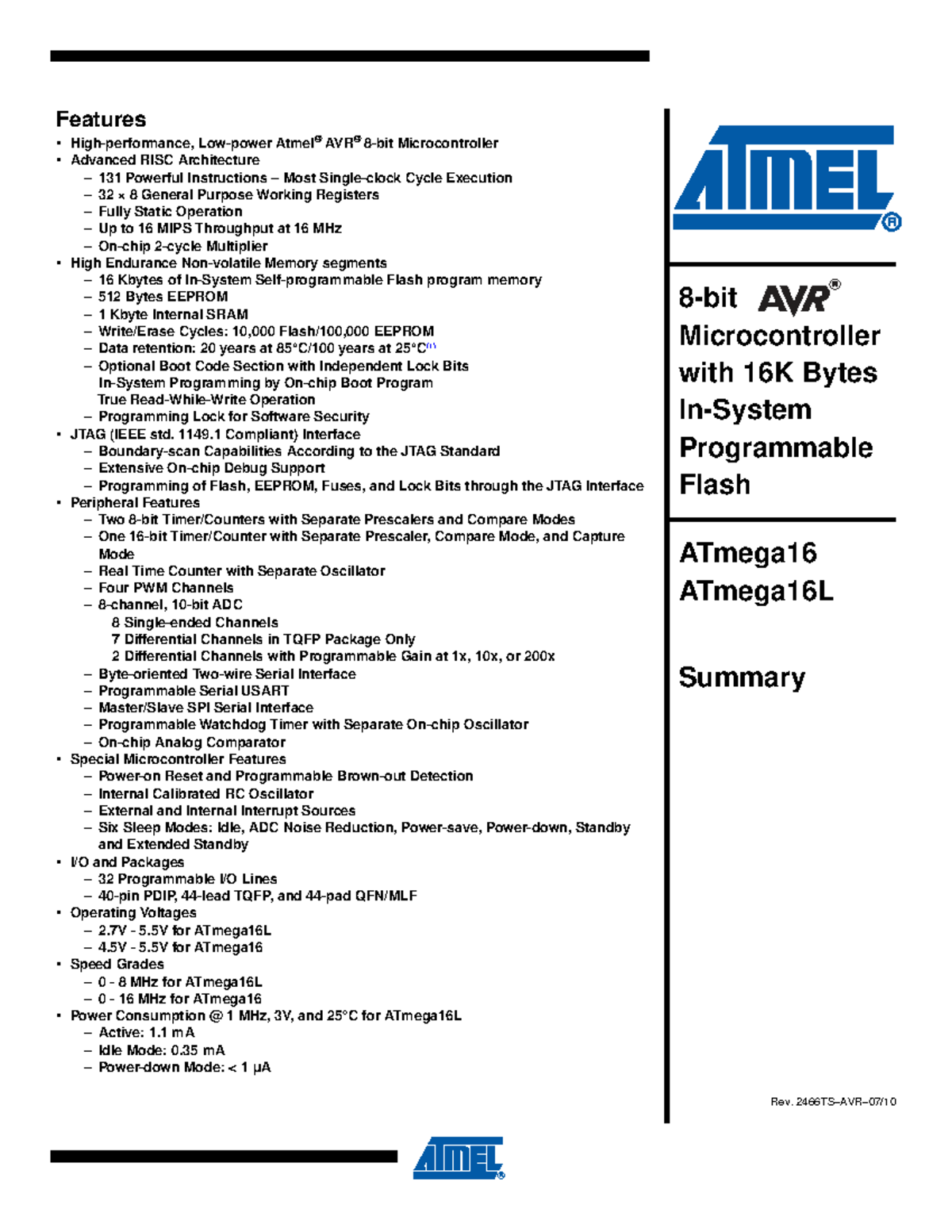 ATmega16 Microcontroller Features and Specifications Overview - Studocu