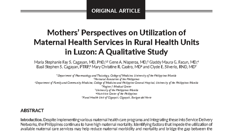 Utilization of Maternal Health Services in Luzon: A Qualitative Study ...