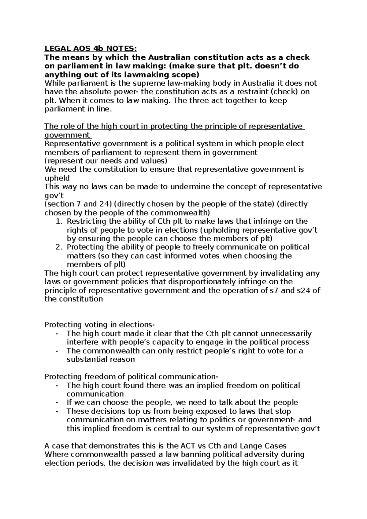 Legal AOS 4b Notes: Checks on Parliament by the Australian Constitution ...