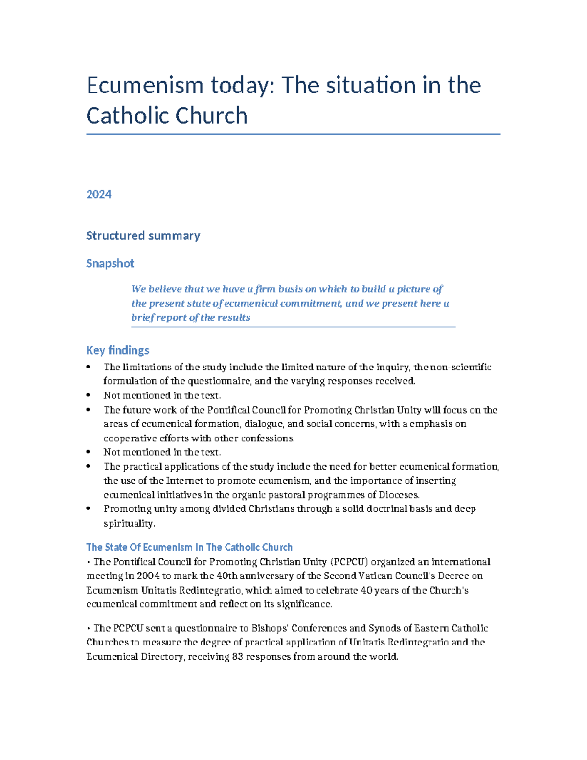 The Current State of Ecumenism in the Catholic Church (2024) - Studocu