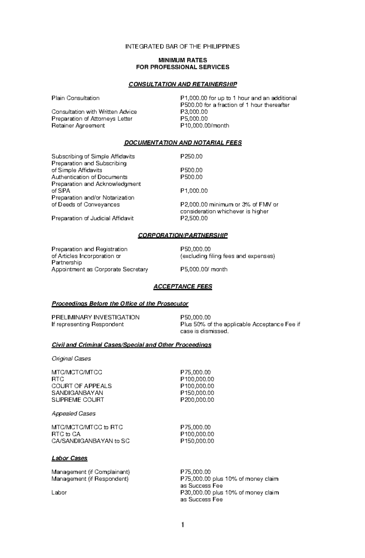 IBP Recommended Fees for Legal Services - IBP Law Guide - Studocu
