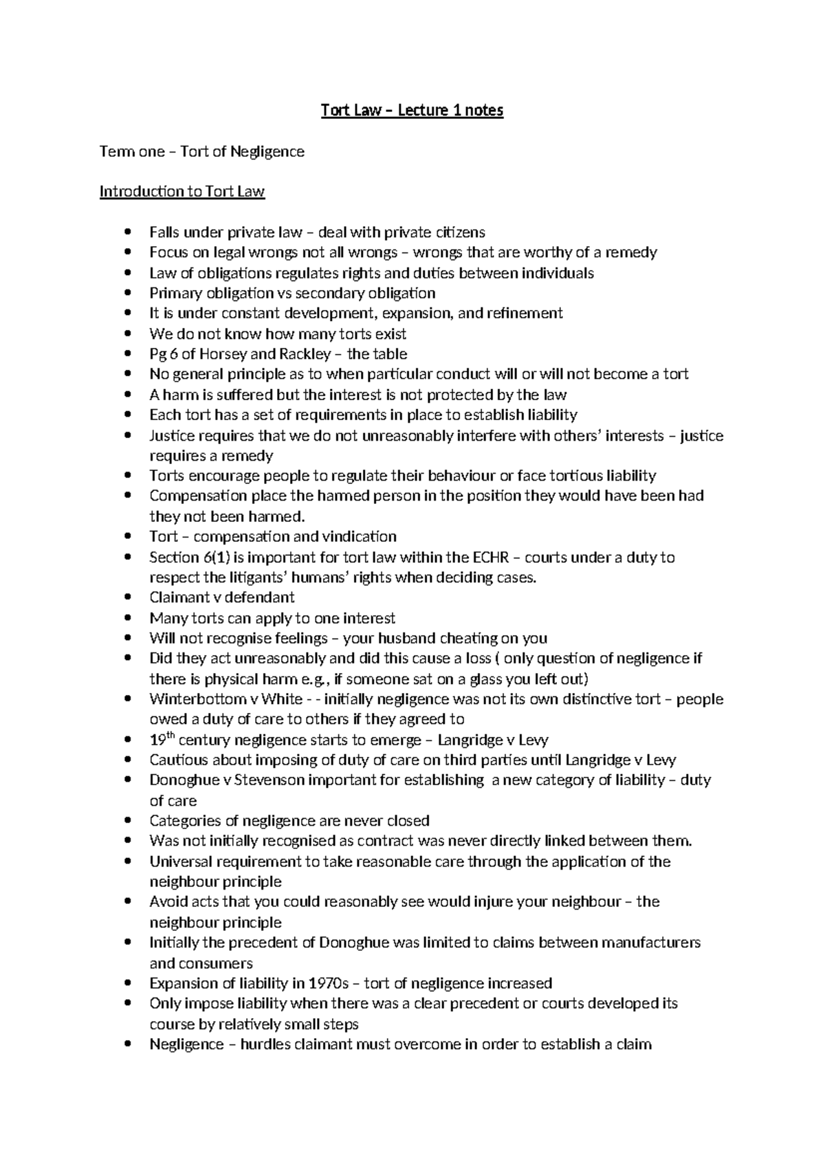 Tort Law - lecture 1 notes - Tort Law – Lecture 1 notes Term one – Tort ...