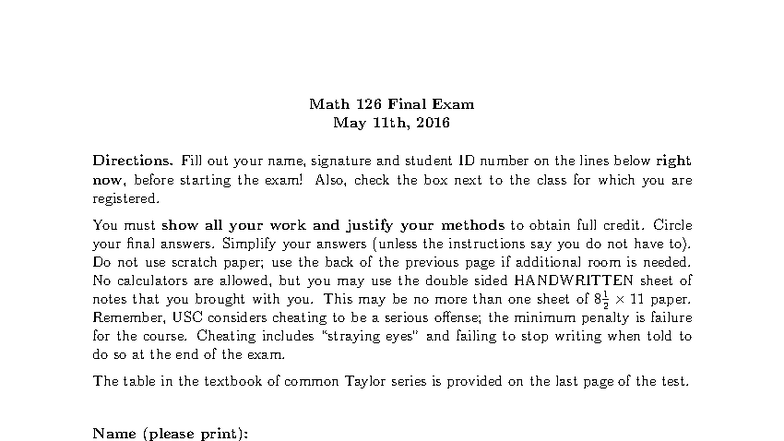 Math 126 Final Exam Directions - May 11, 2016 - Studocu