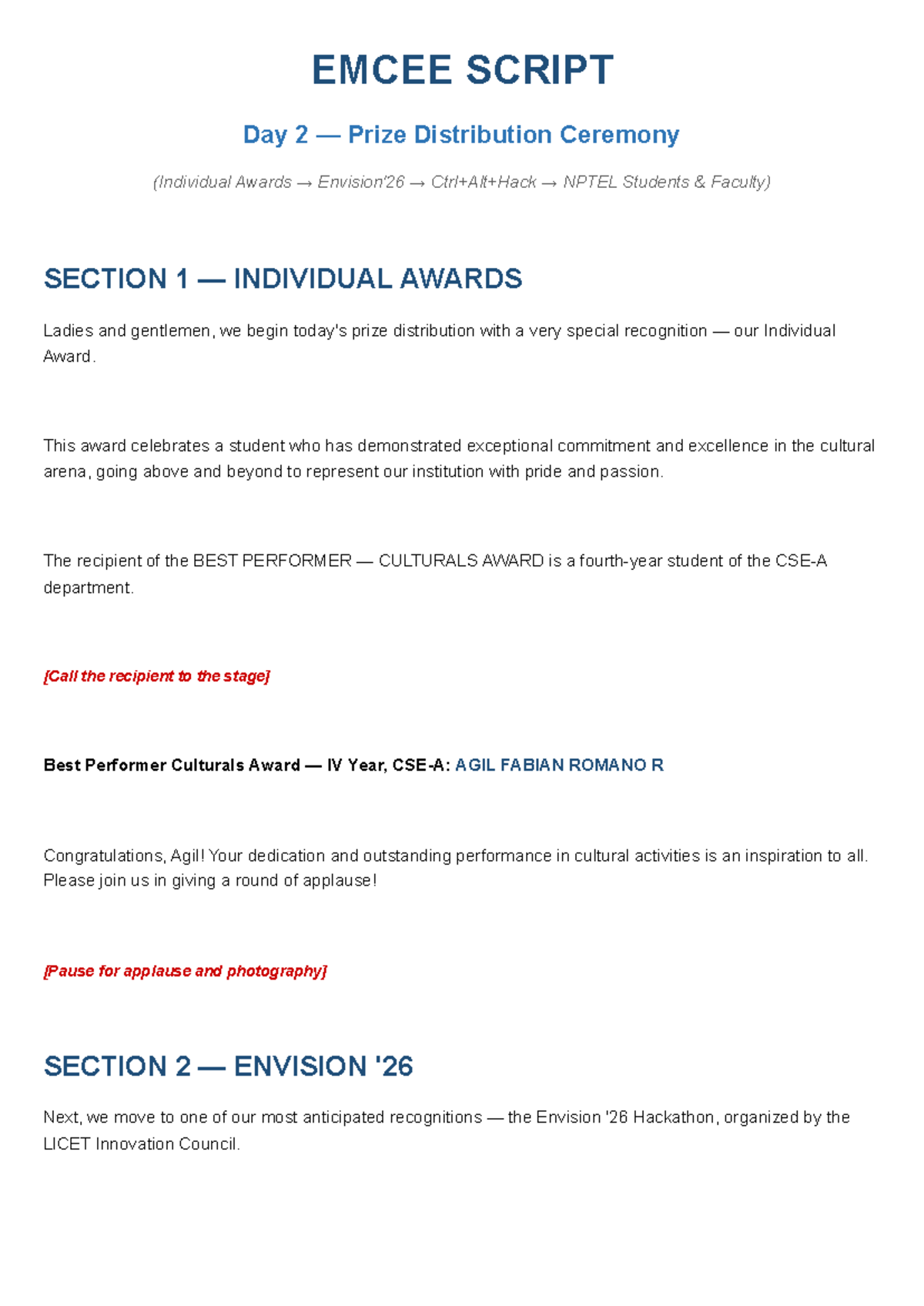 EMCEE SCRIPT Day 2 Prize Distribution Ceremony for NPTEL Students - Studocu