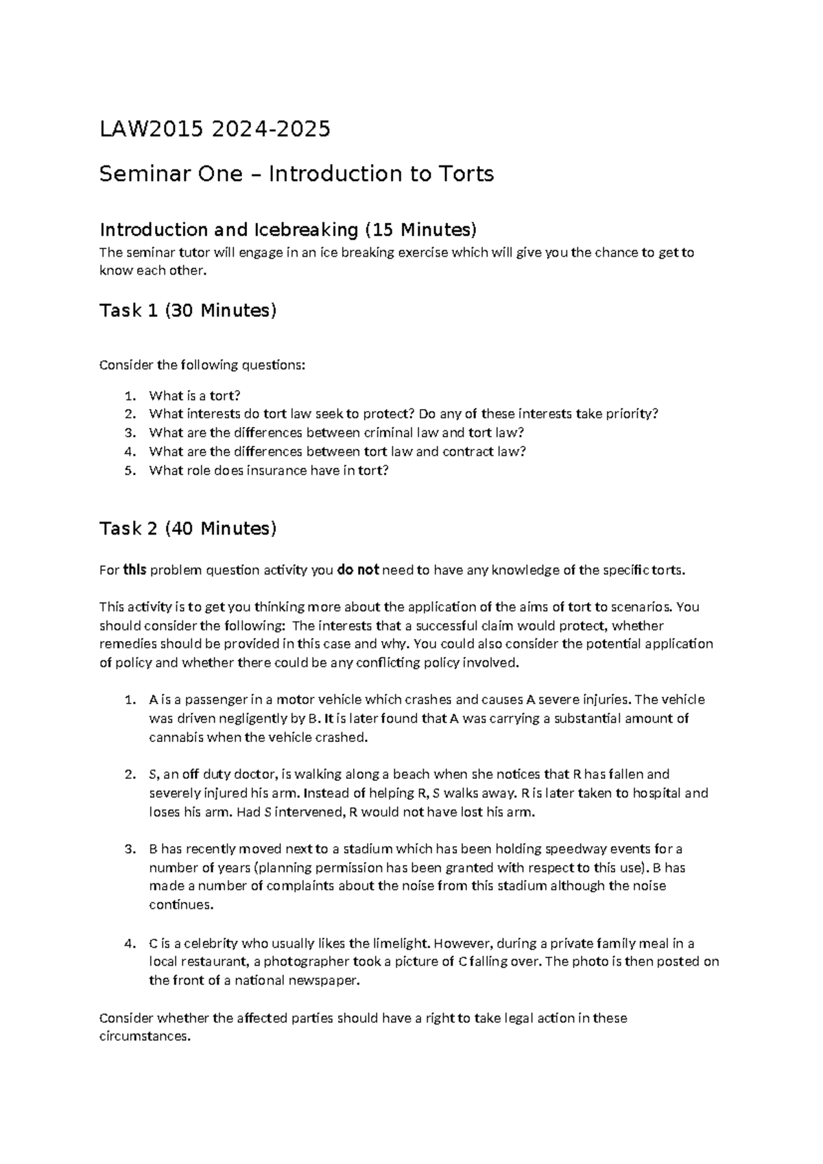 LAW2015 Seminar 1: Intro to Torts - Key Concepts and Activities - Studocu