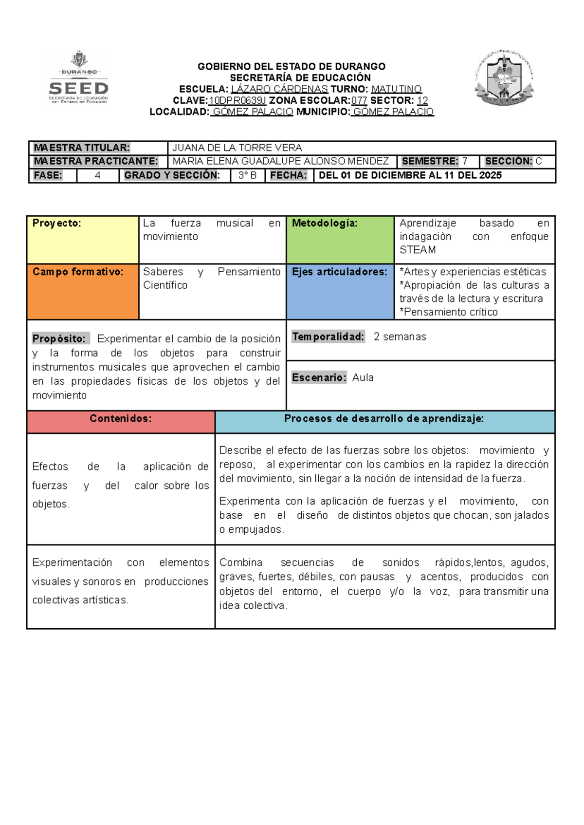 SEM 5Y6 PC: Proyecto de Movimiento Musical y Experimentación - Studocu
