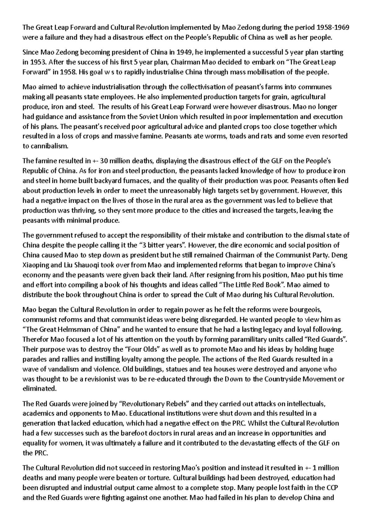 HIST 202: Essay on The Great Leap Forward & Cultural Revolution in ...