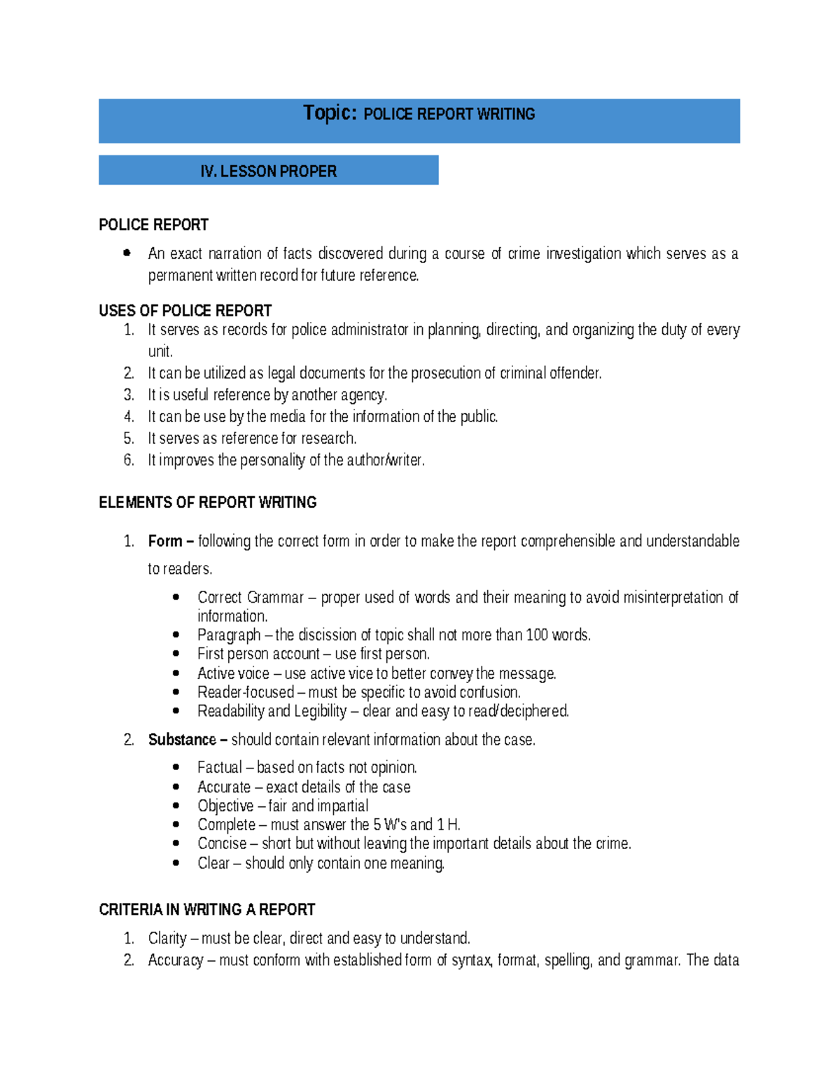 CDI 8 Module 1 - Police Report Writing Overview and Guidelines - Studocu