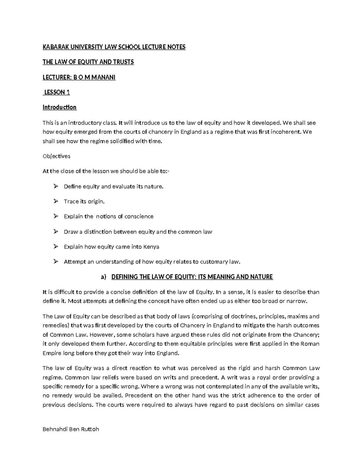 KABARAK UNIVERSITY LAW SCHOOL LECTURE NOTES: LAW OF EQUITY AND TRUSTS ...