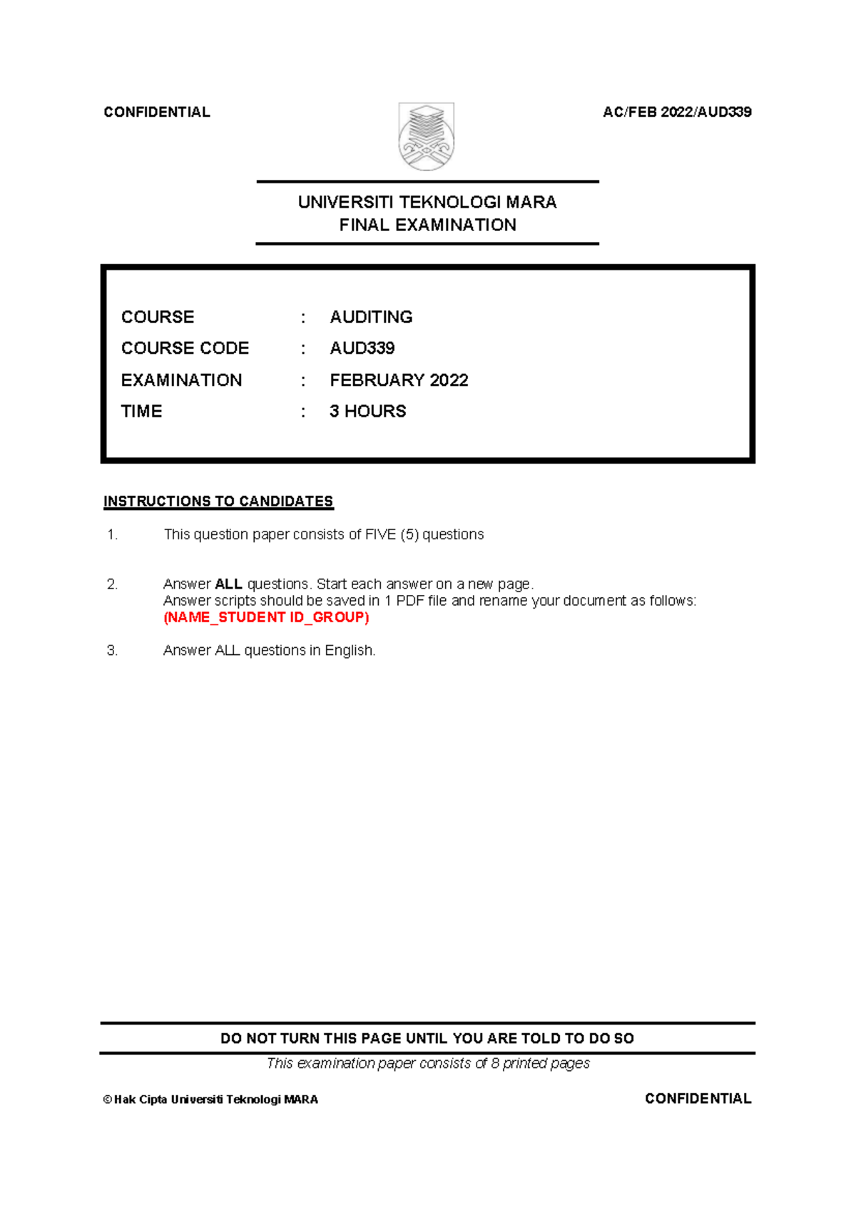 AUD339 Final Exam Paper - Auditing February 2022 - Studocu