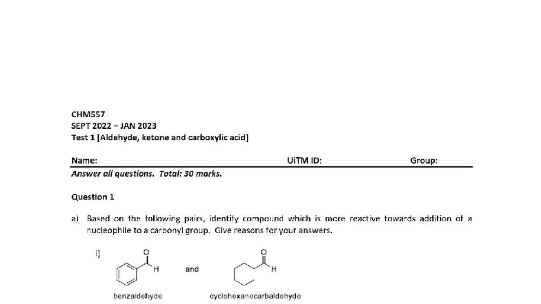 CHM557 TEST 1 (2023) - Organic Chemistry Past Year Exam - Studocu