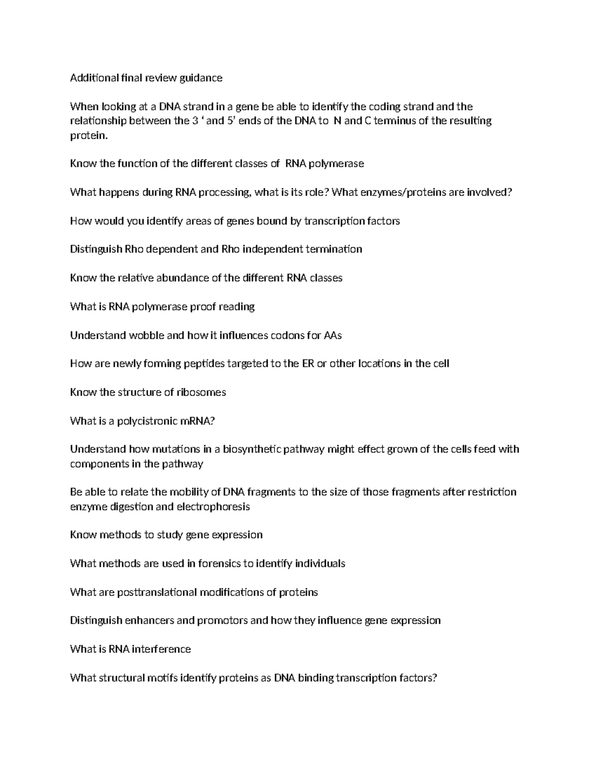 BIOL 301 Final Exam Review: DNA, RNA, and Gene Expression Concepts ...