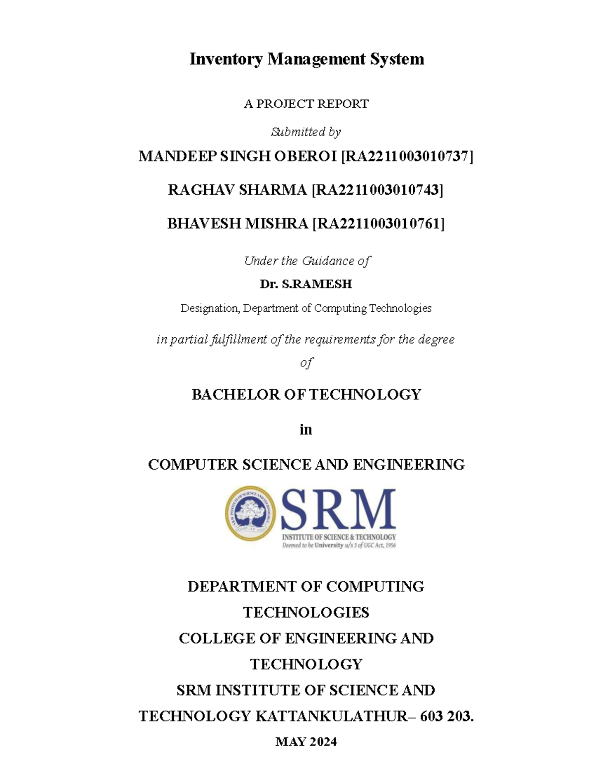 Inventory Management System - DBMS Project Report (21CSC205P) - Studocu