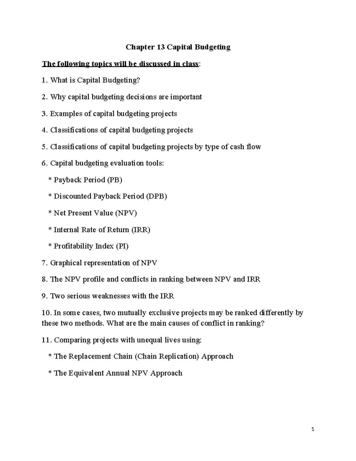 Chapter 13: Capital Budgeting Lecture Outline and Key Concepts - Studocu