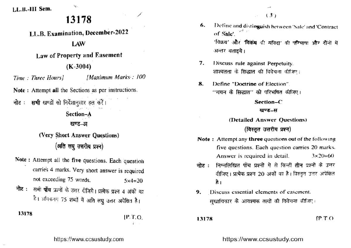 LLB Sem. 3 Exam: Law of Property & Easement 13178 Dec 2022 - Studocu