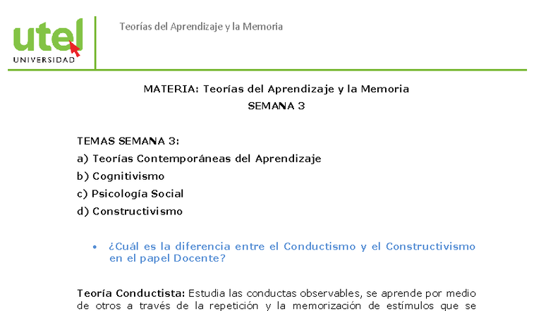 Utel 3 - preguntas frecuentes - Teorías del Aprendizaje y la Memoria ...