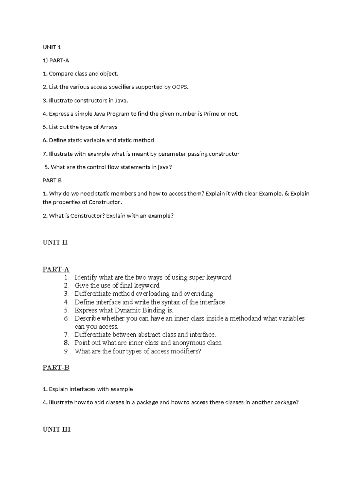 OOPS NEW Question Paper - UNIT 1 1) PART-A 1. Compare class and object ...