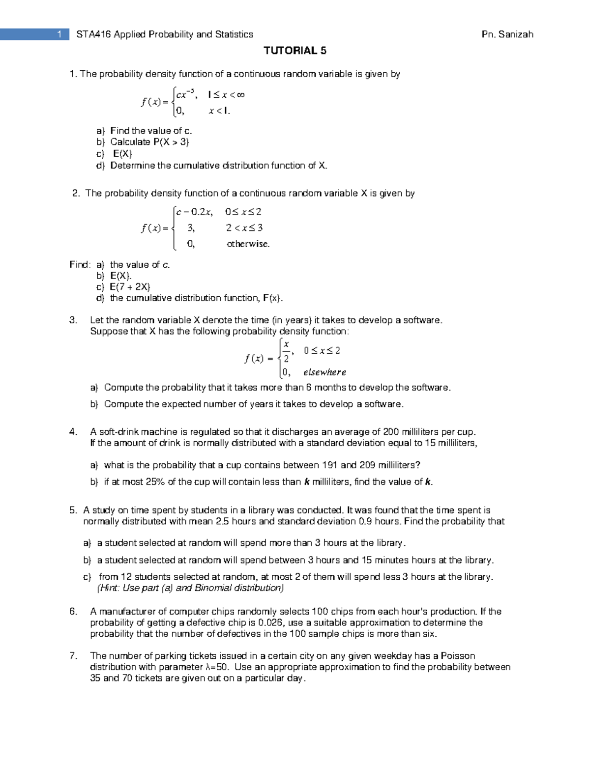 STA416 Tutorial 5: Applied Probability and Statistics Exercises - Studocu