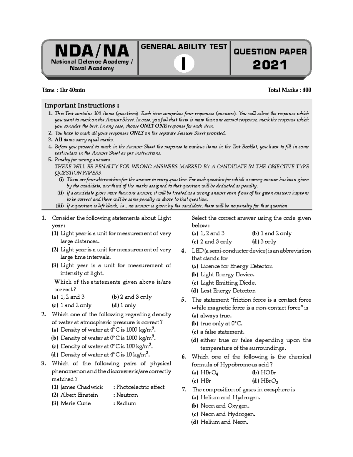 2021 NDA NA General Ability Test Question Paper - Studocu