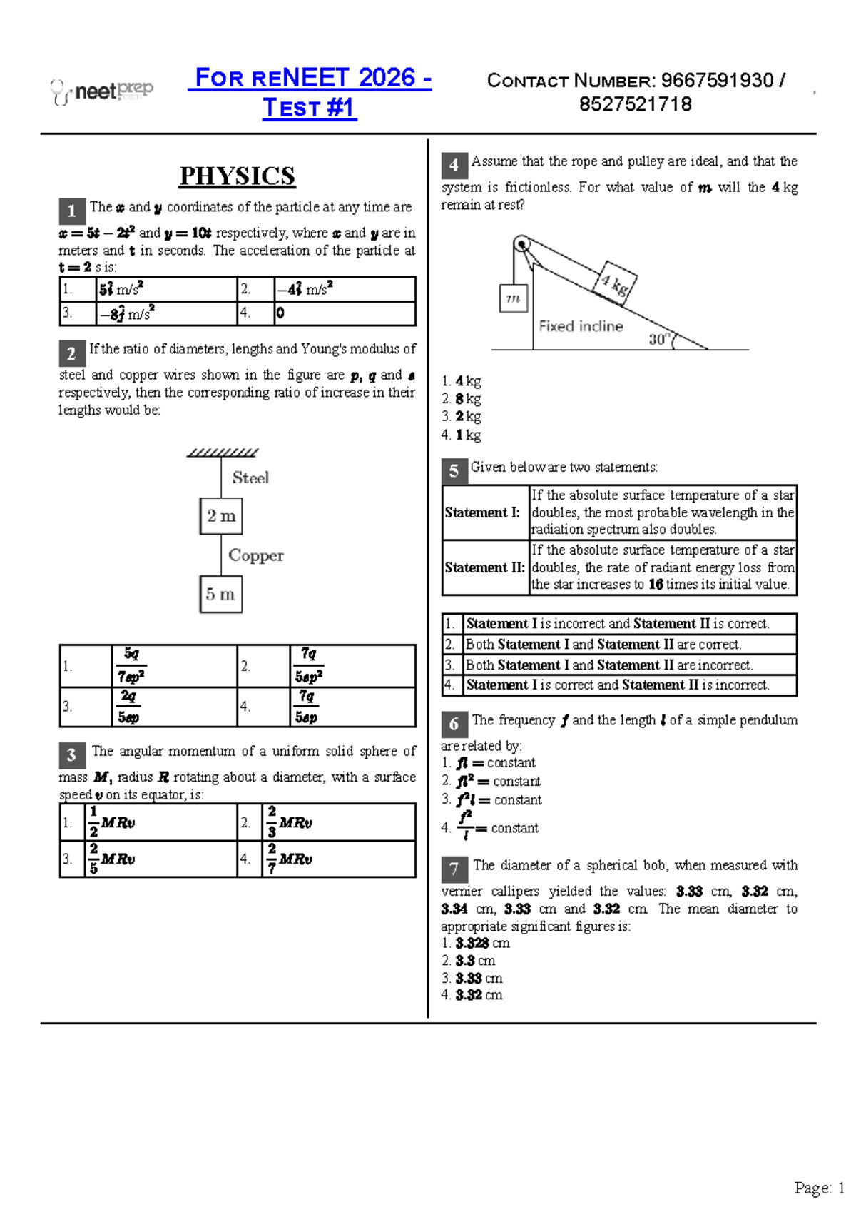 For reNEET 2026 Test 4 Physics Concepts and Problem Solving - Studocu
