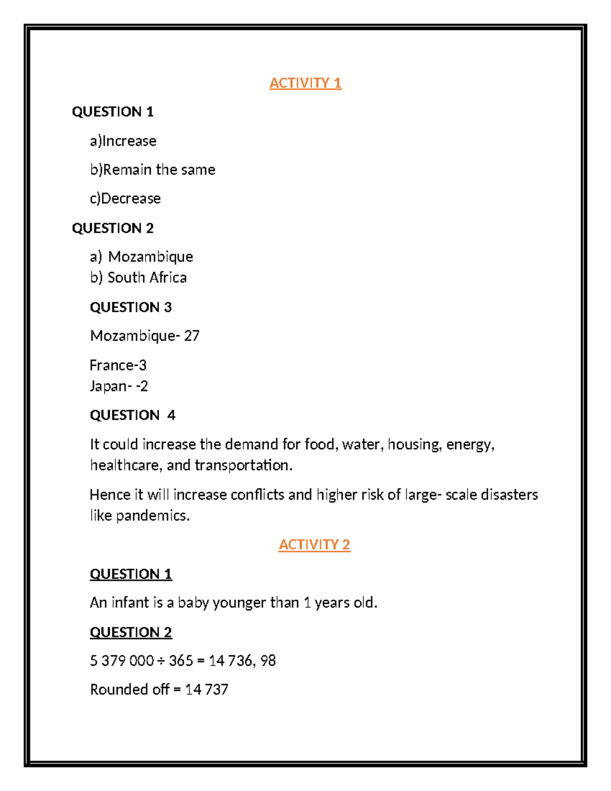 GES Activities AND Answers - ACTIVITY 1 QUESTION 1 a)Increase b)Remain ...