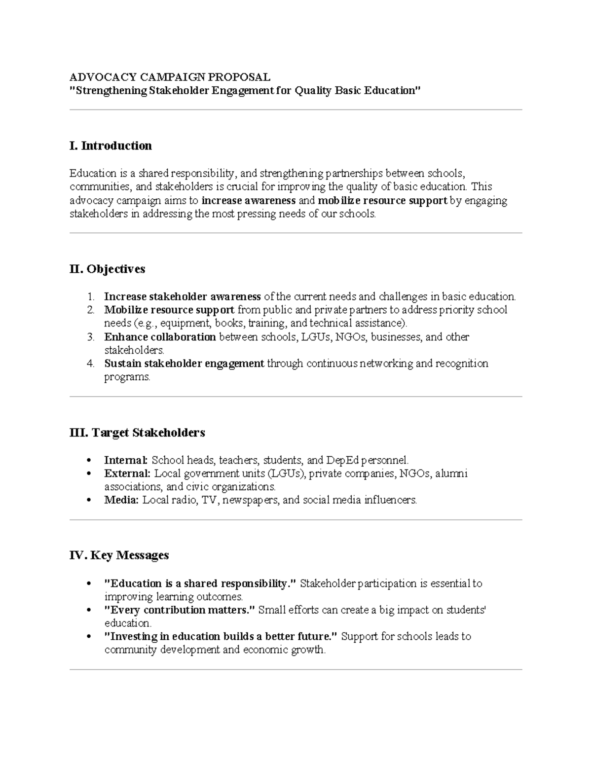 Advocacy Campaign Proposal: Engaging Stakeholders for Quality Basic Ed ...