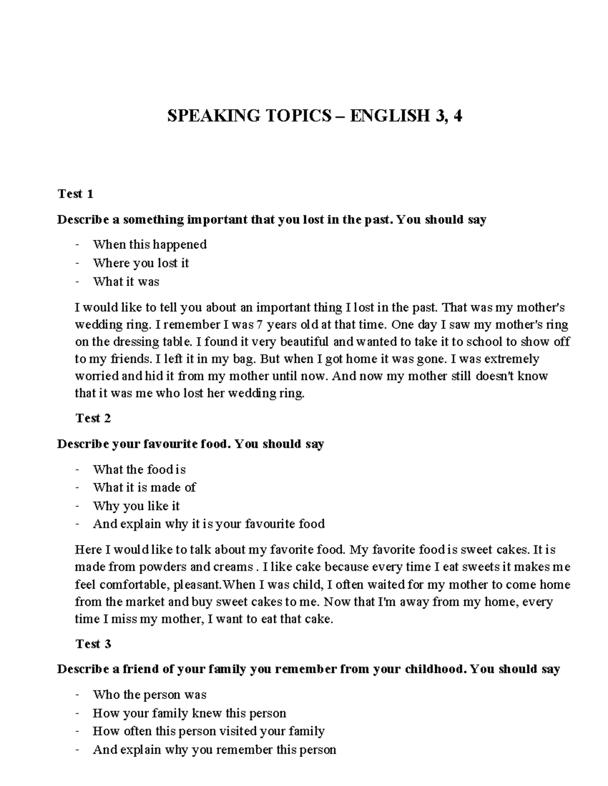 Topics for English Speaking Tests TA3-4 - Studocu
