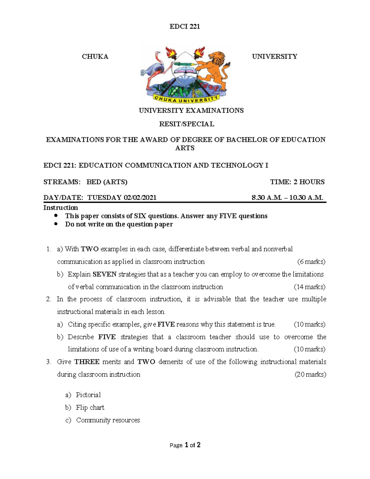 EDCI 221 - Exam Questions on Education Communication & Technology - Studocu