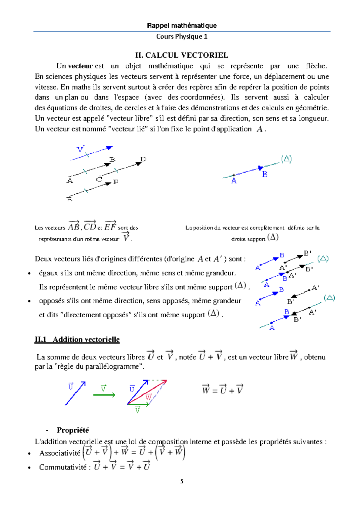 Rappel - calcul vectoriel - Cours Physique 1 II. CALCUL VECTORIEL Un ...