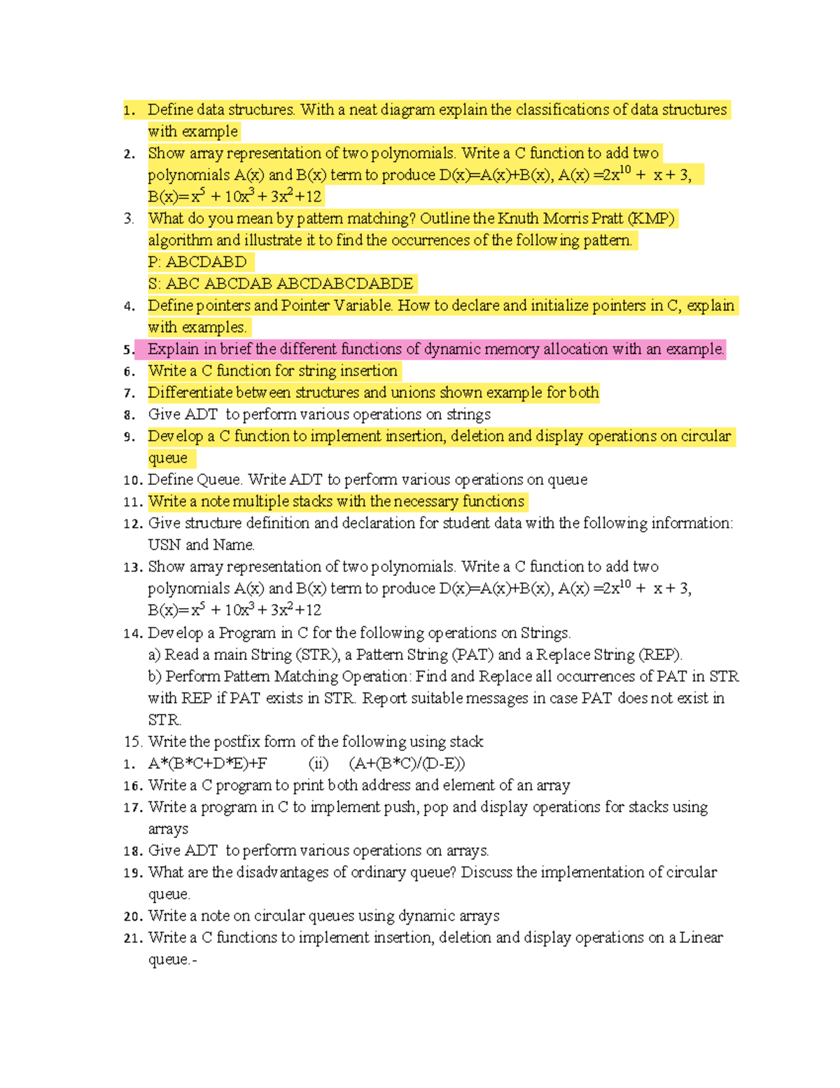 1st IA Important Questions on Data Structures and C Programming - Studocu