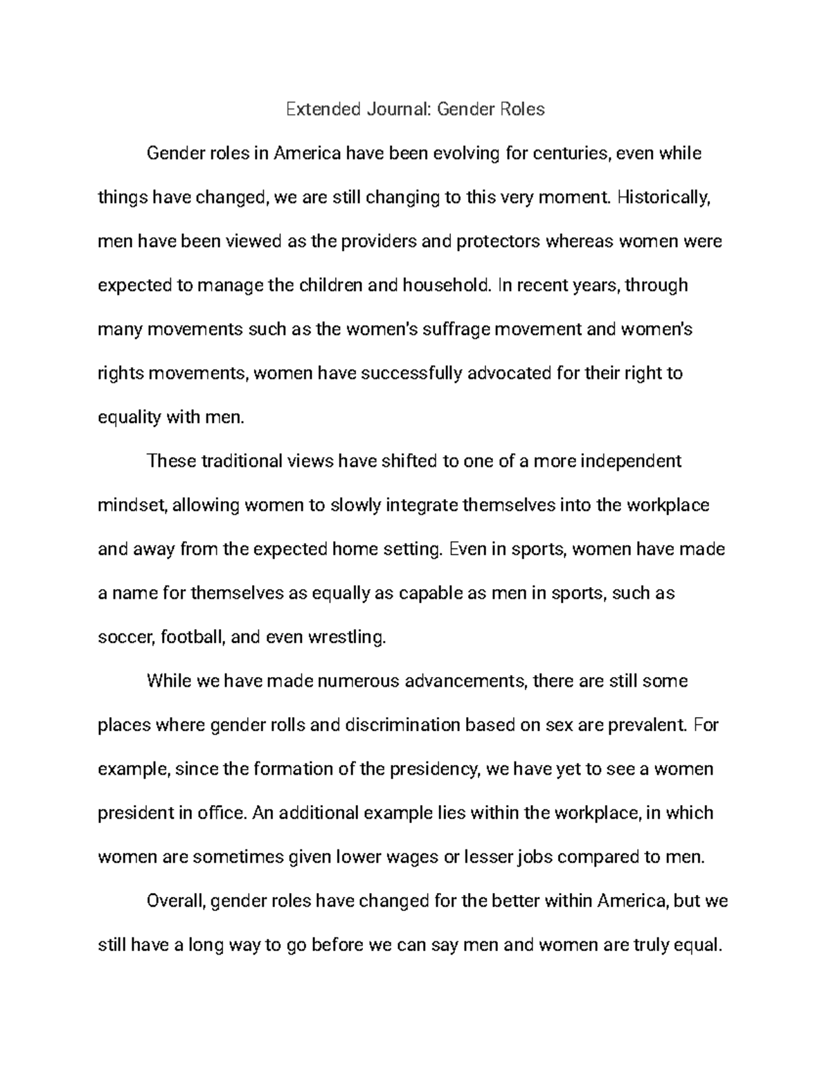 Extended Journal Gender Roles - Extended Journal: Gender Roles Gender ...