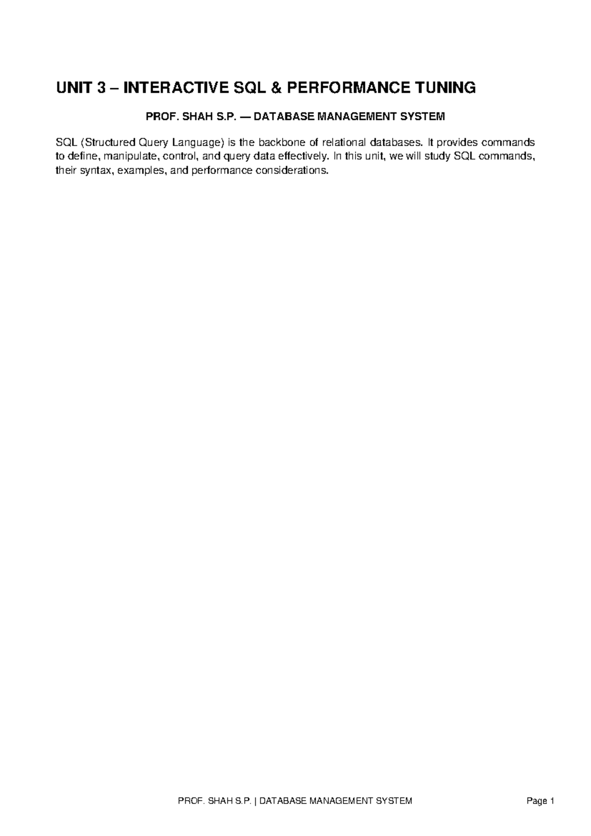 DBMS UNIT 3: Interactive SQL Performance Tuning Notes - Studocu