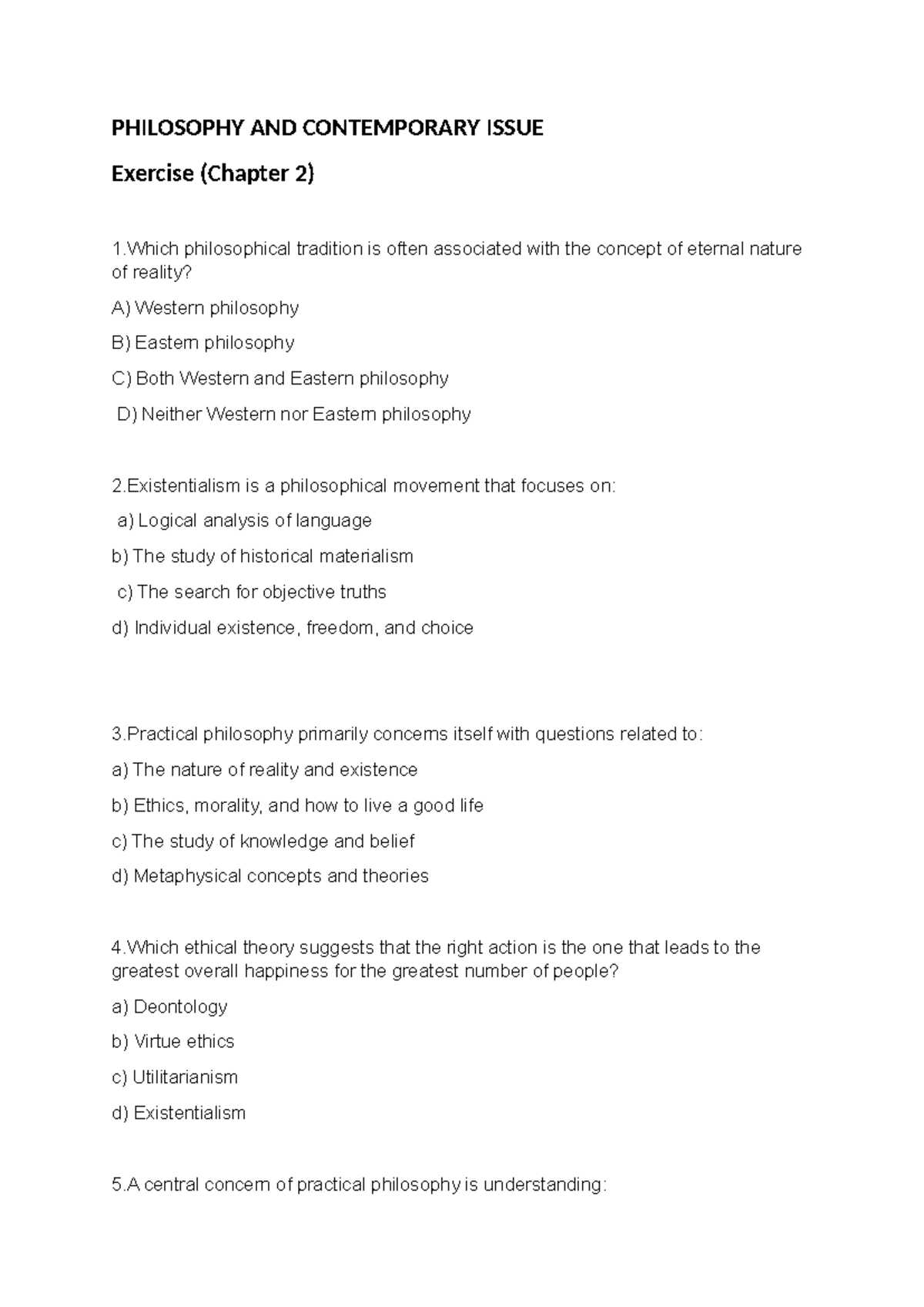 Chapter 2 - Philosophy Practice MCQs for Exam Preparation - Studocu