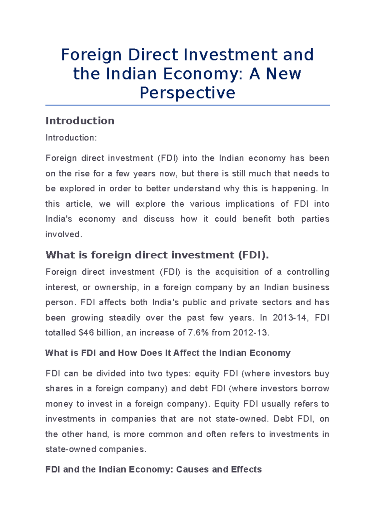 Foreign Direct Investment and the Indian Economy - In this article, we ...