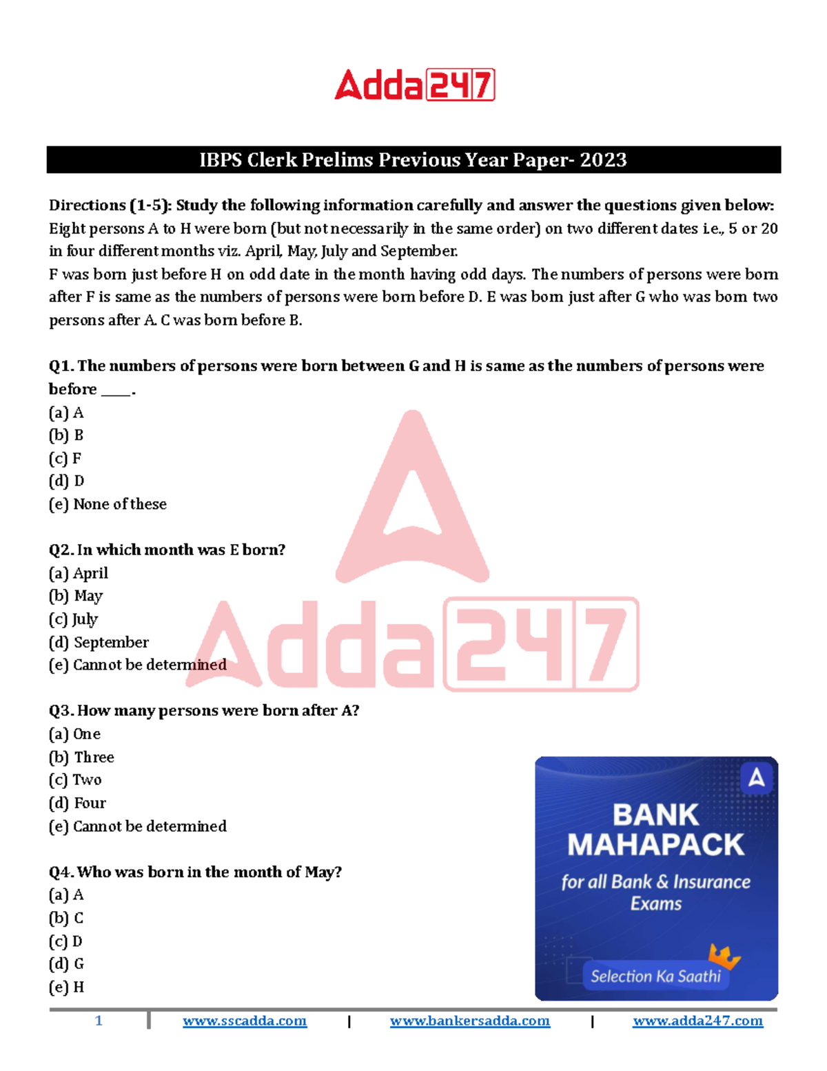 IBPS Clerk Prelims Question Paper 2023: Directions & Logical Reasoning ...