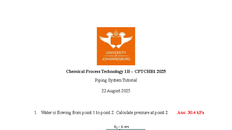 Chemical Process Technology 1B CPTCHB1 Piping System Tutorial - Studocu