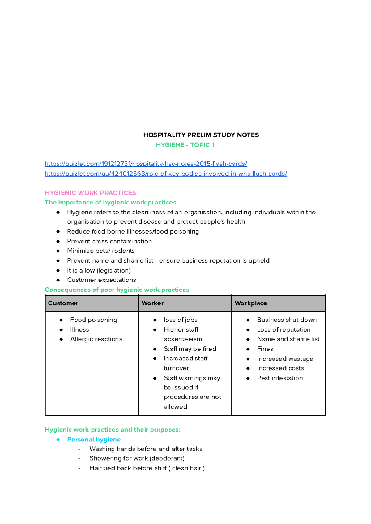 HOSPITALITY HSC Prelim Study Notes on Hygiene & WHS Practices - Studocu