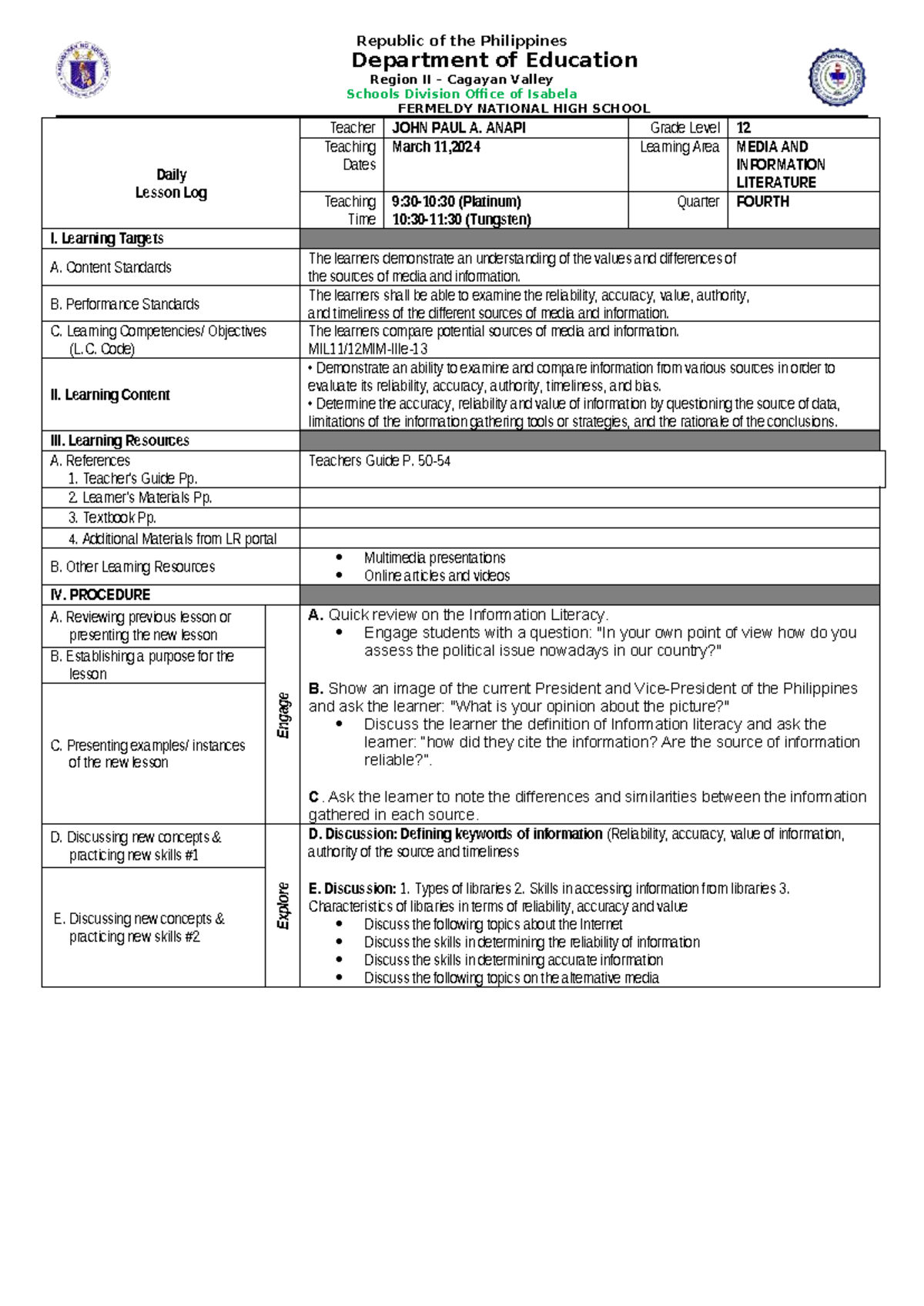 DLL MIL W8 - Daily Lesson Log on Media & Information Literacy - Studocu
